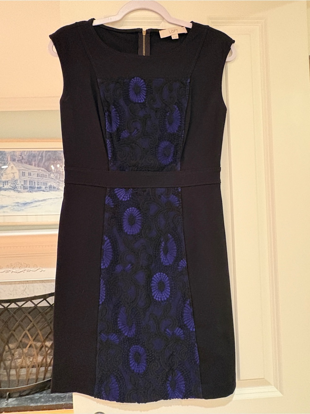 LOFT Black Midi Dress with Violet Royal Purple Black Lace-overlay Center Panel